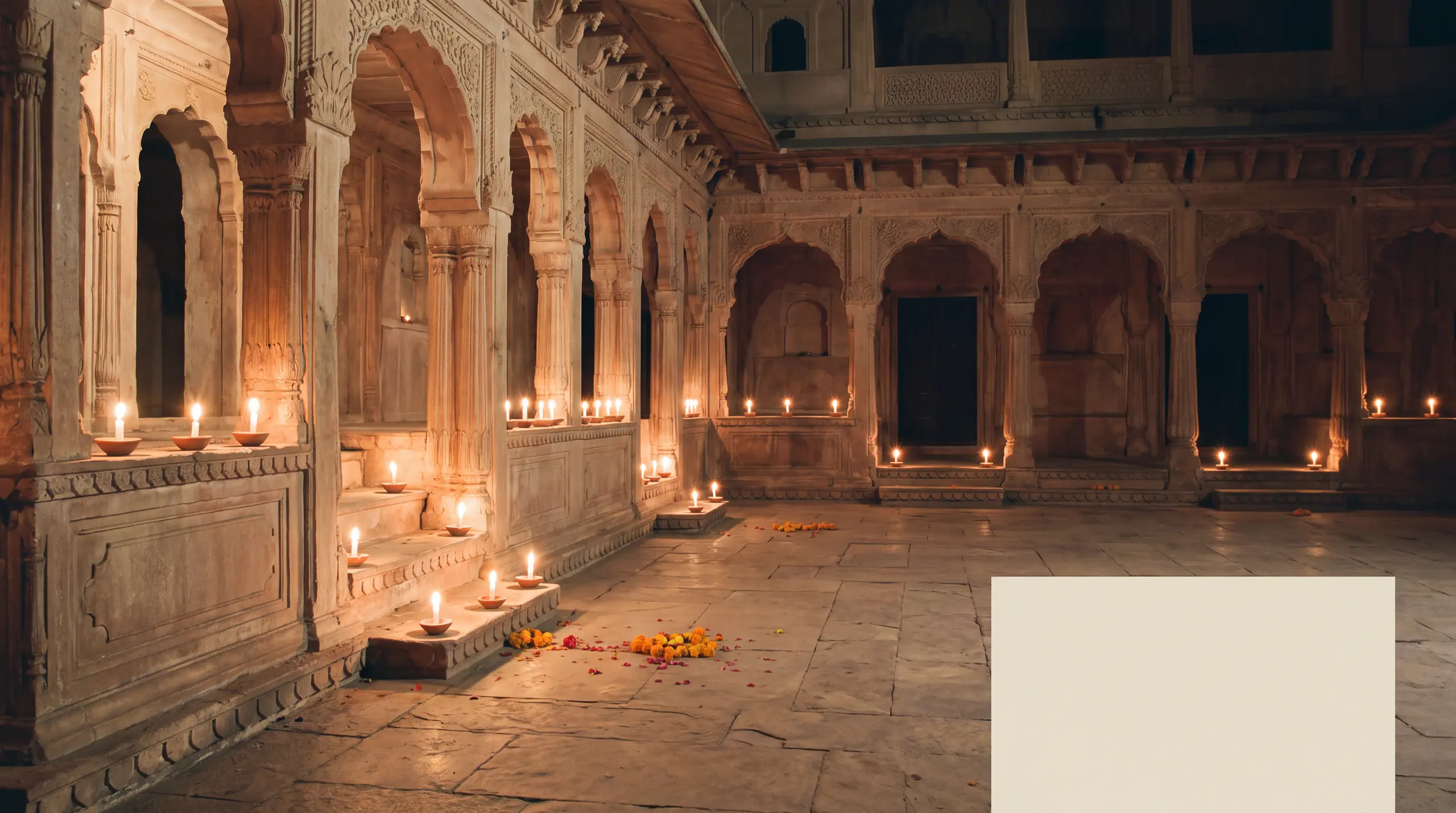 A palace courtyard at night, lit only by candles and warm uplight.