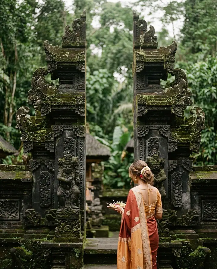 A stone temple gate framed by dense green in Bali.