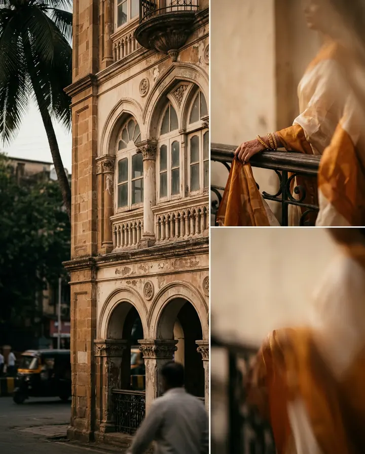 A colonial-era Mumbai facade in humid evening light.