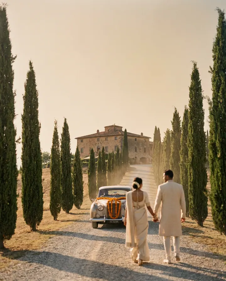 A cypress avenue on a Tuscan hillside in warm haze.