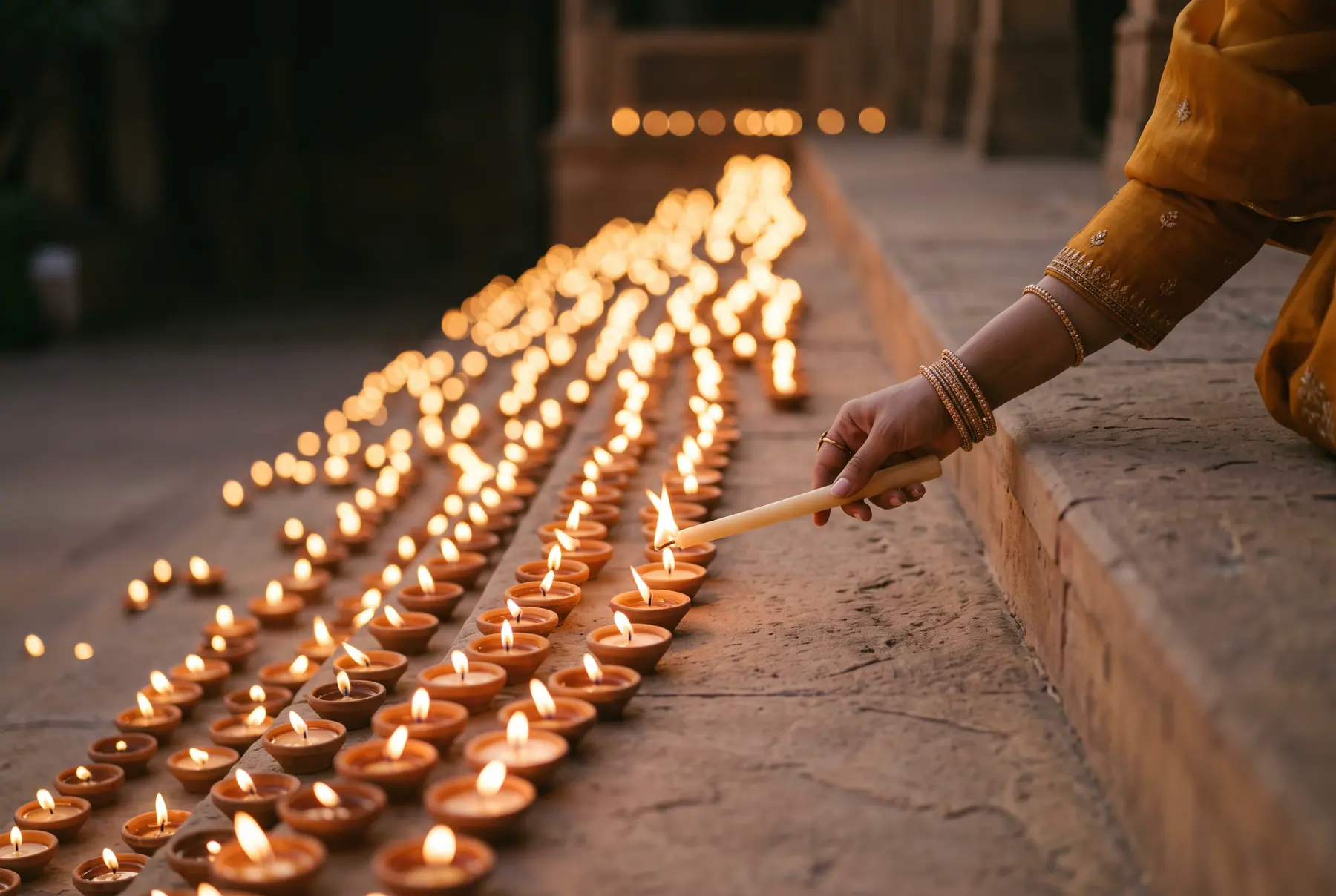 A hand lighting one of many candles along a stone step.