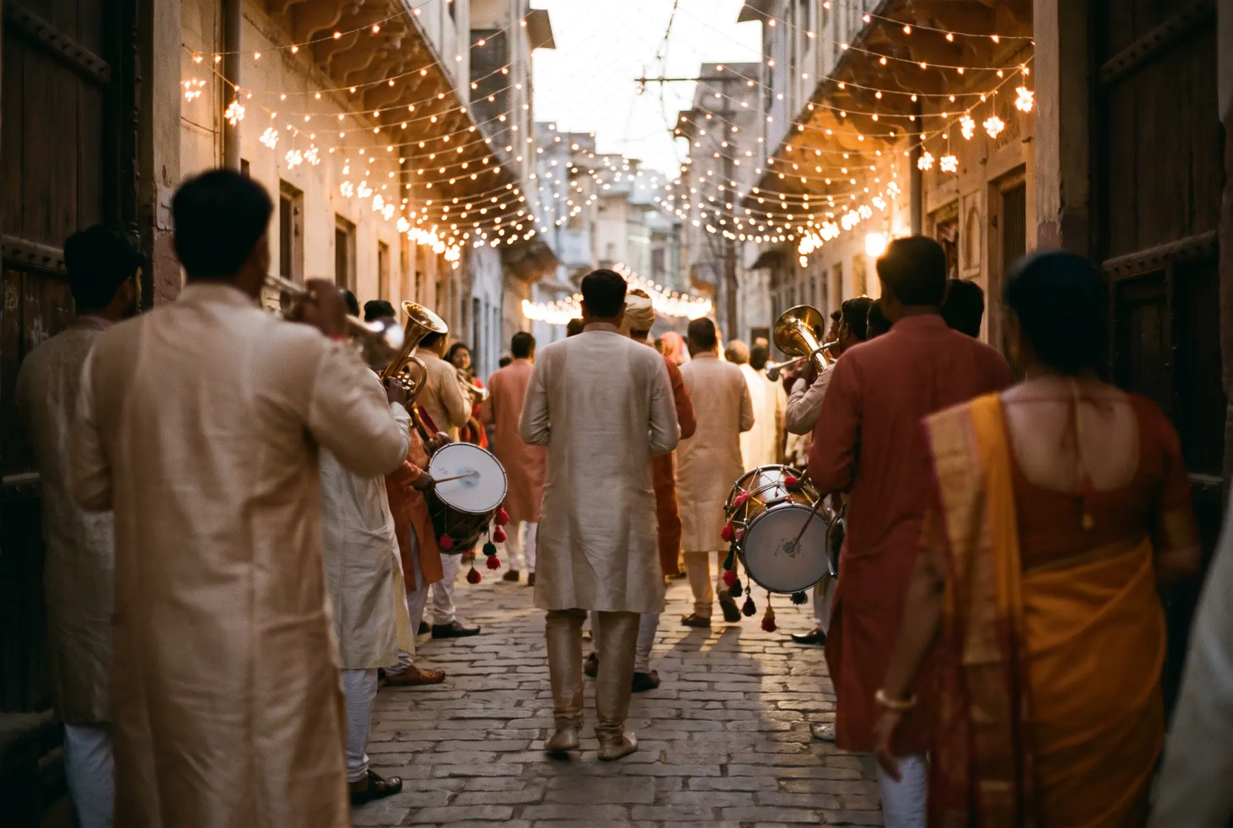 A baraat procession in motion blur under evening light.
