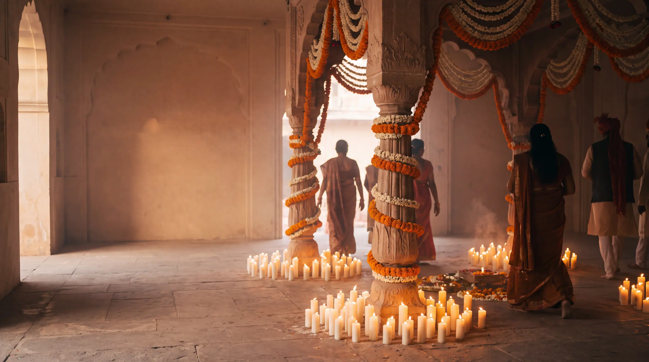 A candlelit mandap in a palace courtyard at dusk, marigold garlands catching the last light.