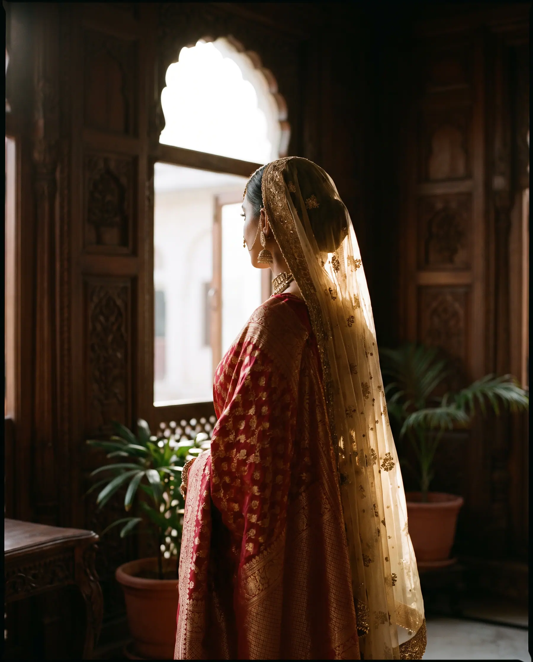 A bride in bridal red and gold, turned away towards a sunlit window.