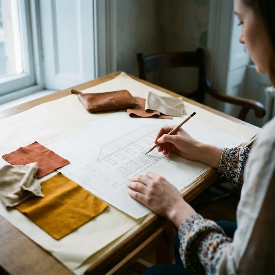 A designer at a drafting table, hands and drawings in frame.