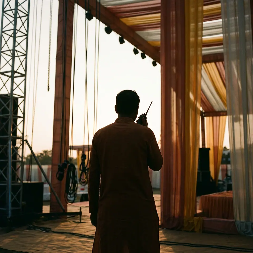A production lead with a radio, seen against a lit venue.