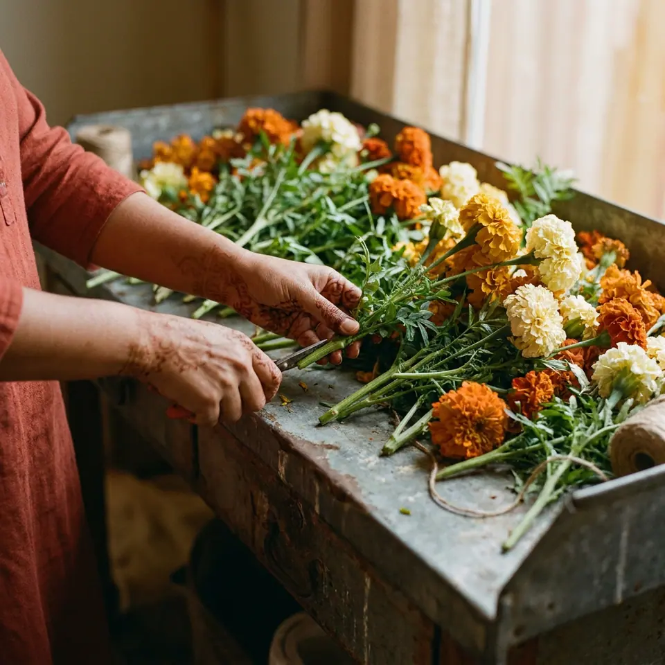 Hands conditioning flower stems at a florist's bench.