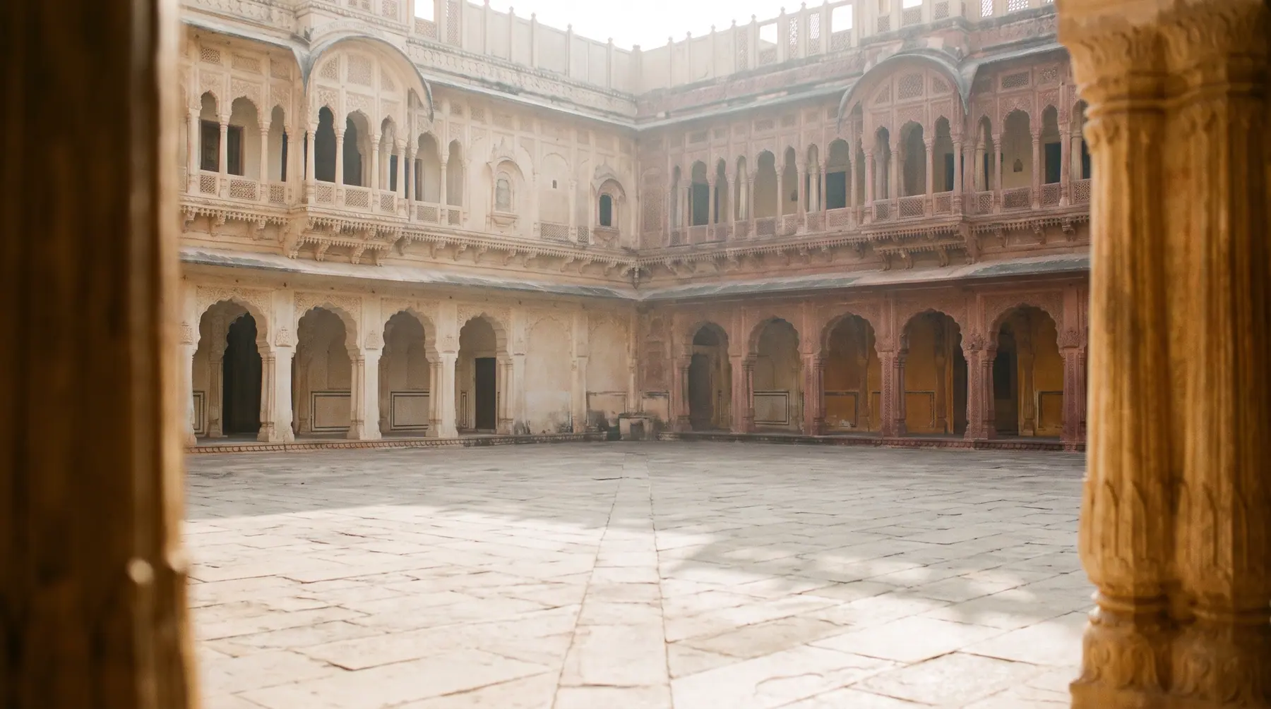 An empty sandstone courtyard before any dressing begins.