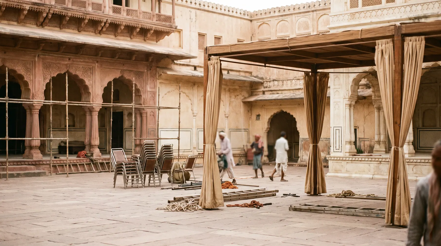 The same courtyard with structure going in, unlit.