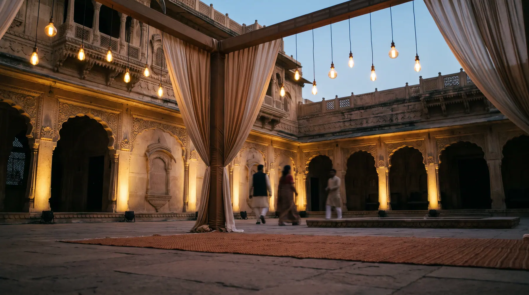 The courtyard at dusk as the first lighting comes up.