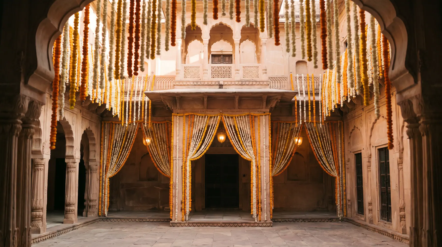 Florals installed across the canopy and arcades.