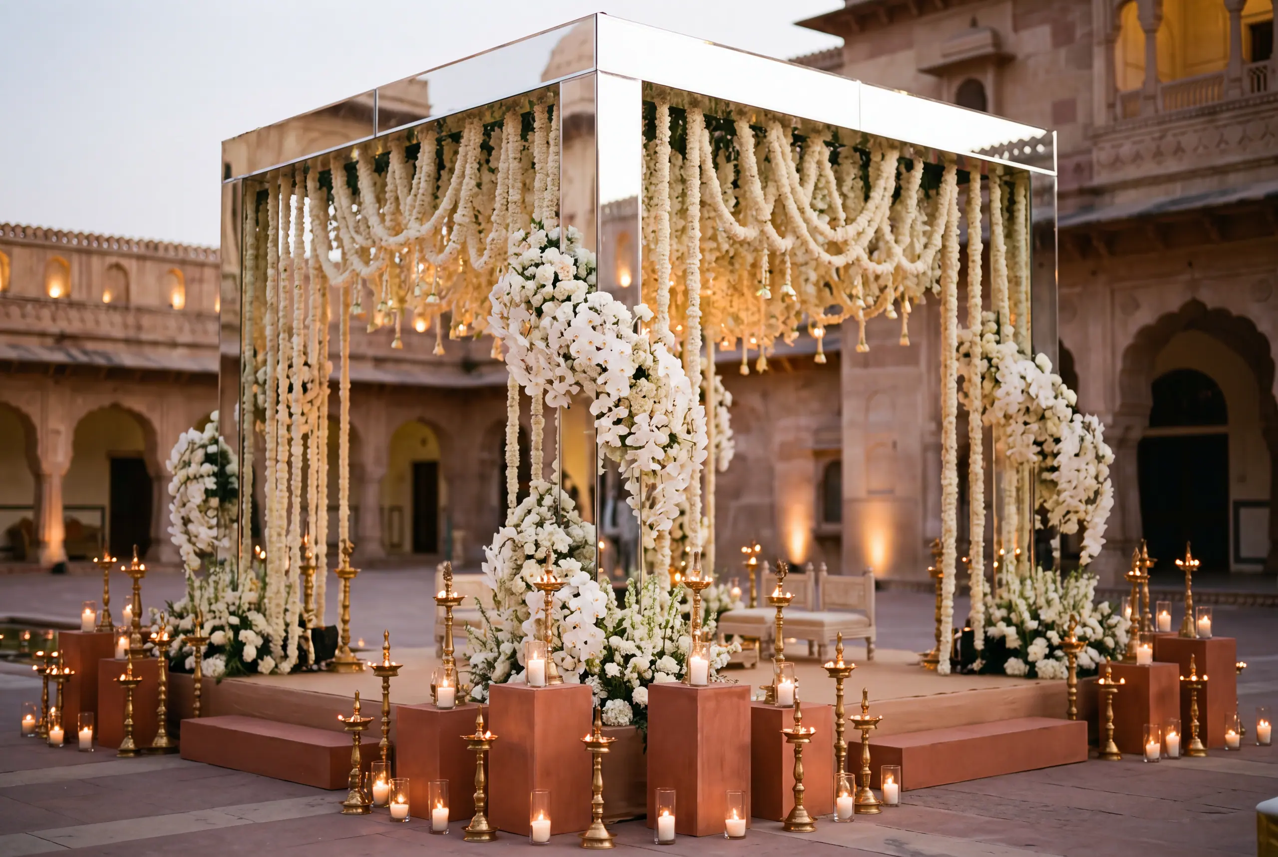 An ivory mandap under a mirrored canopy, ringed by candlelight.