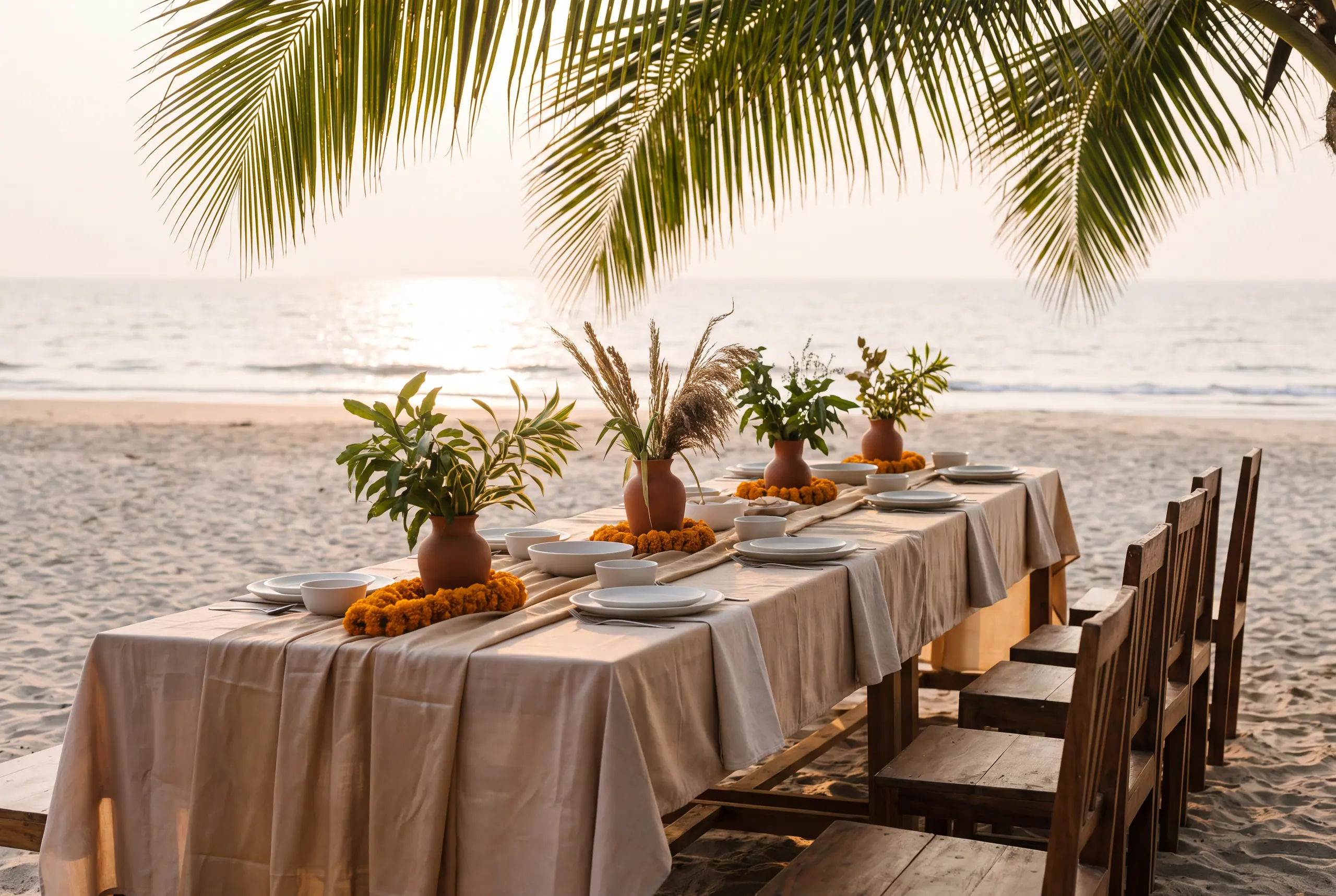 A coastal wedding table on sand at golden hour, palms overhead.
